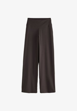 Vidbenede sorte bukser med høj talje, lavet af glat stof, vist mod en ensfarvet hvid baggrund.