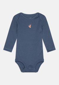Long-sleeve bodysuit in dark blue cotton, featuring an embroidered fox design on the chest and snap closures at the bottom.