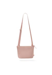 Borsa a tracolla rosa chiaro realizzata in tessuto morbido con una superficie liscia, forma rettangolare, tracolla regolabile e scomparto con zip.