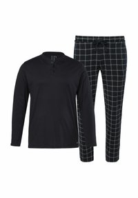 Black long-sleeve shirt with a henley neckline, paired with dark plaid pants featuring blue and green grid lines and an elastic waistband.