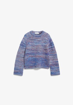 Gestrickter Pullover in Blau- und Lilatönen mit rundem Ausschnitt, langen Raglanärmeln und einem strukturierten, gerippten Muster.