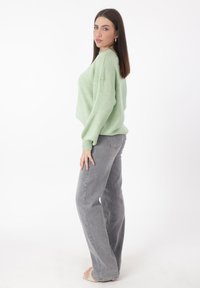 Grüner Strickpullover mit lässiger Passform, kombiniert mit hellgrauen Jeans im Straight-Leg-Schnitt. Glatte Textur und minimalistische Details.