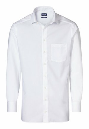 White long-sleeve shirt made of smooth fabric, featuring a classic collar, button-up front, and a single chest pocket, tailored fit.