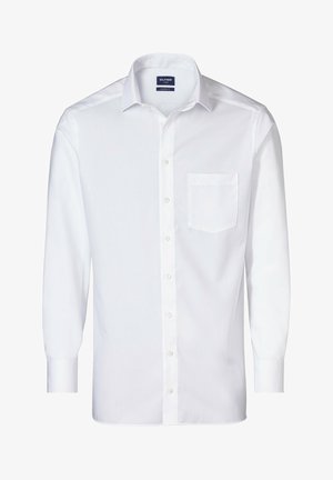 Weißes Langarmhemd aus glattem Stoff, mit klassischem Kragen, durchgehender Knopfleiste und einer einzelnen Brusttasche, taillierte Passform.