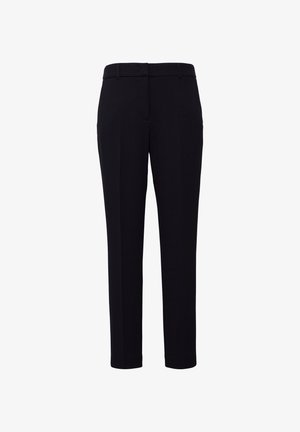 Black tailored trousers with a straight leg design, made from a smooth fabric. Features a waistband with belt loops and no visible pockets.