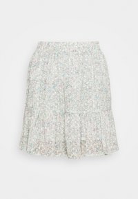 Gonna con motivo floreale dotata di una vita elastica, caratterizzata da volants a strati. Il materiale ha una trama leggera e morbida, con colori pastello tra cui rosa e blu.