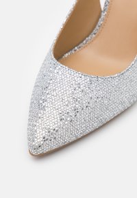 Gros plan sur un escarpin à bout pointu couvert de paillettes argentées avec une doublure intérieure beige sur fond blanc.