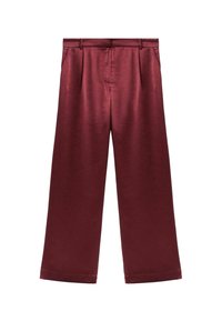 Bordeaux brede broek van satijn met een gladde textuur, met een hoge taille en twee zijzakken voor functionele details.