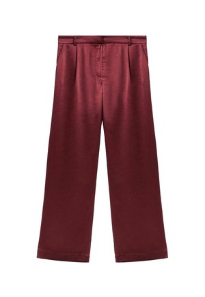 Pantalones de pierna ancha burdeos confeccionados en satén con una textura suave, presentan una cintura alta y dos bolsillos laterales para un detalle funcional.