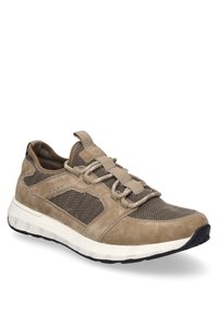 Sneaker marrone chiaro con un mix di materiali in suede e rete, punta tonda, tessuto testurizzato e una suola intermedia bianca con suola esterna nera.