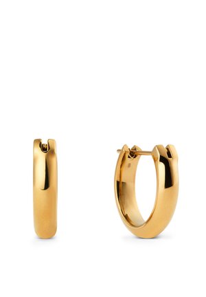 Cercei tip cerc din aur lustruit, unul arătat din lateral și celălalt deschis pentru a evidenția închizătoarea și sistemul de prindere.