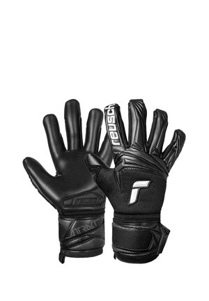Black Reusch goalkeeper gloves with textured grip palms and adjustable wrist straps, showing front and back views.