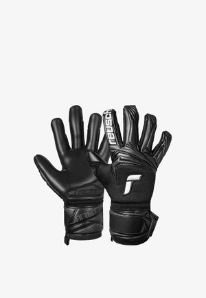 Black Reusch goalkeeper gloves with textured grip palms and adjustable wrist straps, showing front and back views.