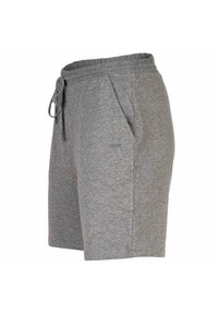 Graue Baumwollshorts mit elastischem Bund und Kordelzug, mit Seitentaschen und einem Logo auf der Vorderseite. Glatte Textur, lässiges Design.