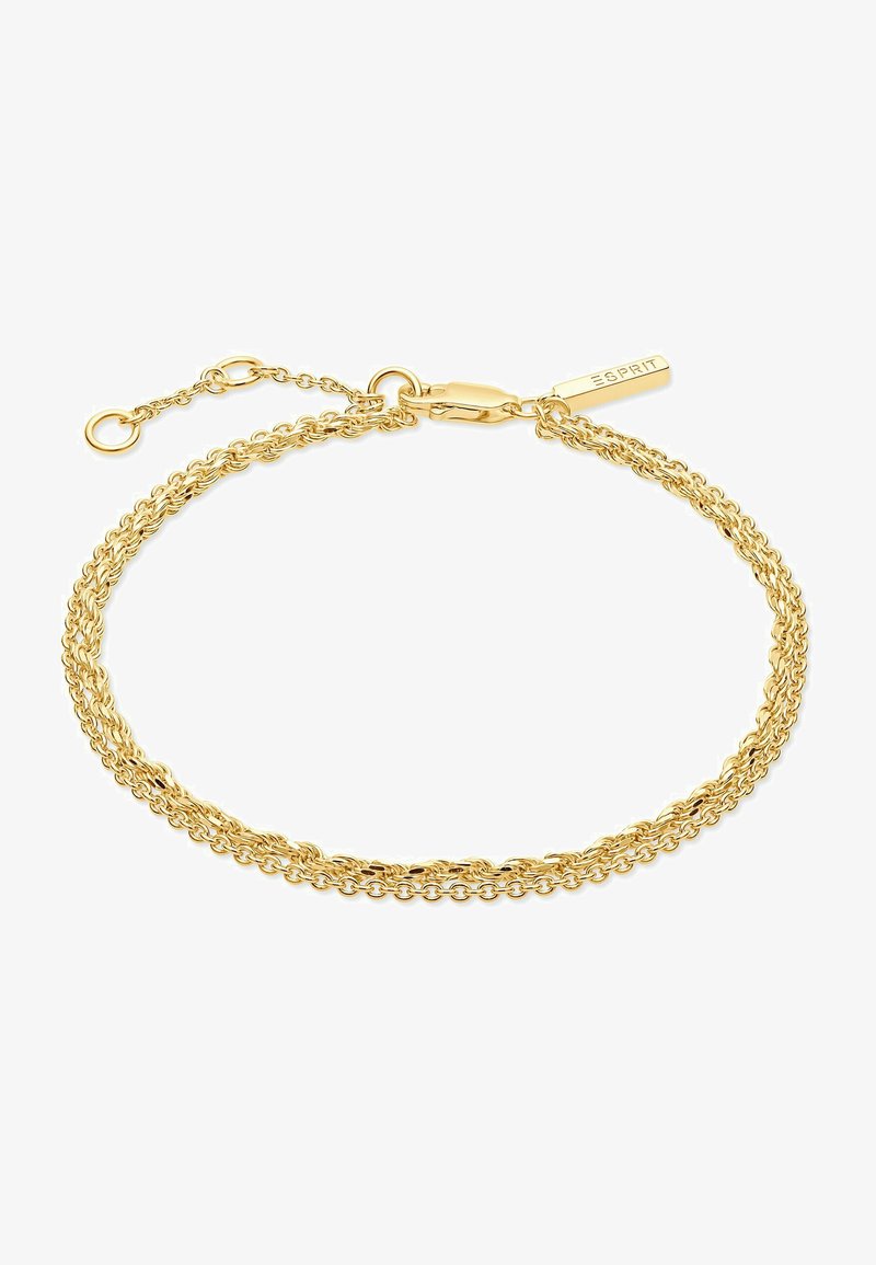 Bracciale in metallo dorato con un design a strati, caratterizzato da catene collegate e un gancio a moschettone con un piccolo ciondolo inciso "ESPRIT."
