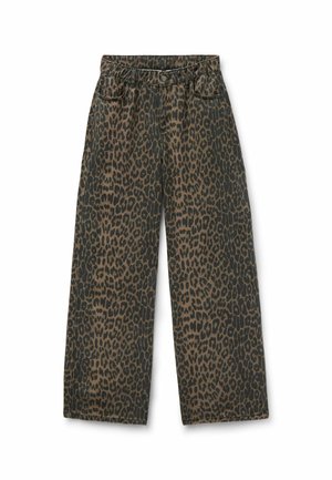 Pantaloni a gamba larga con stampa leopardata marrone e nera, vita elasticizzata, chiusura con bottone e tasche frontali, mostrati distesi su sfondo bianco.