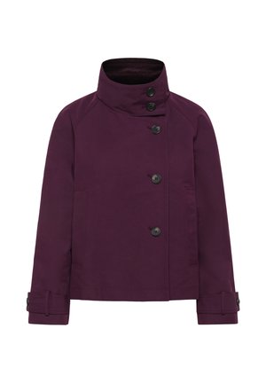 Purple jacket with a high collar, front button closure, and side pockets. Features long sleeves with buttoned cuffs and a smooth texture.