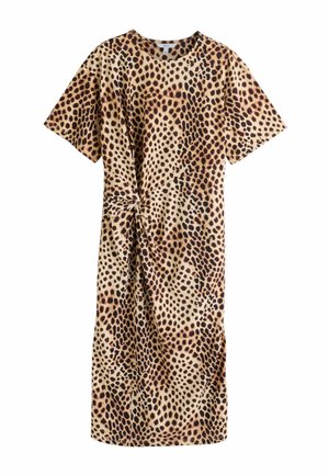 Šaty s leopardím vzorom z ľahkej látky, so zaobleným výstrihom, krátkymi rukávmi a uzlom na boku.