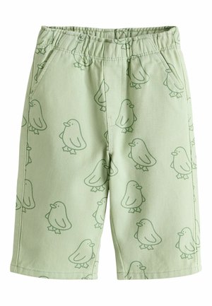 Lysegrønne småbørnsshorts med elastik i taljen og et gentaget mønster af enkle fugle i omrids.