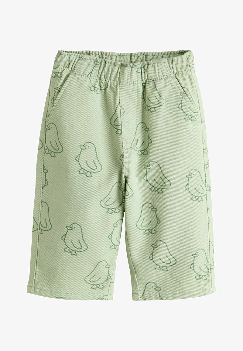 Light green toddler shorts with elastic waistband and a repeating pattern of simple outlined birds.