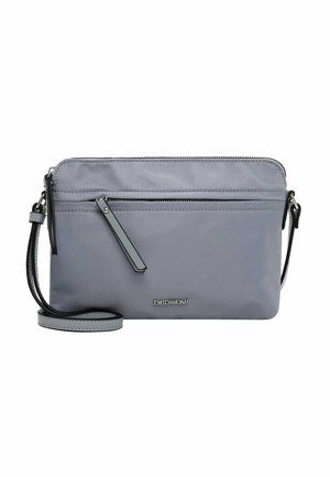 Rechteckige, hellgraue Umhängetasche mit einer vorderen Reißverschlusstasche, passendem Riemen und silbernem "Emily & Noah" Logo.