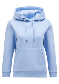 Lys blå sweatshirt med hætte, snoretræk, frontlomme og ribbede manchetter. Fremstillet af blødt stof, har diskret branding på brystet.