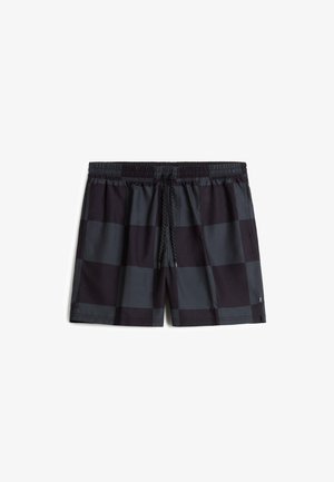 Shorts de bain rayés noir et gris avec une taille élastique et un cordon de serrage. Fabriqués en tissu lisse et léger. Les shorts ont une coupe ample.