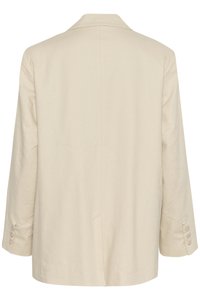 Lichtbeige jas met een gestructureerde kraag, lange mouwen en drie knopen op elke manchette. Soepele, gemêleerde stof met een minimalistisch ontwerp.