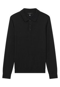 Polo negro de manga larga con tres botones y cuello, talla mediana, mostrado plano sobre un fondo blanco.