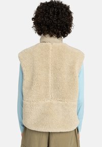 Beige fuskpälsväst med en mjuk, texturerad yta. Ärmlös design med hög krage och sömdetaljer på baksidan.