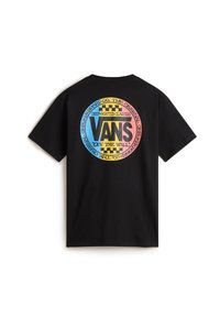 Černé bavlněné tričko s multibarevným kruhovým potiskem a textovým doplňkem "VANS" na zadní straně. Klasický design s kulatým výstřihem.