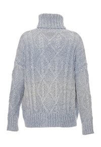 Pulover din tricot cu model de cabluri, de culoare bleu deschis, cu guler înalt, tiv gros cu nervuri și mâneci lungi. Prezentând modele de diamant și împletituri pe întreaga suprafață.