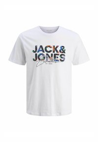 Weißes Baumwoll-T-Shirt mit einem bunten Grafikdruck von "JACK & JONES Essentials" mit floralen Elementen und einem Akzent im handgeschriebenen Stil.