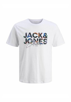 T-shirt bianco in cotone caratterizzato da una grafica colorata con la scritta "JACK & JONES Essentials" accompagnata da elementi floreali e un accento in stile calligrafico.