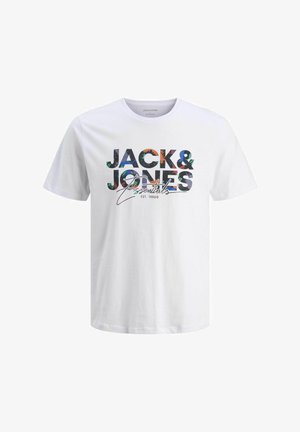 Hvid bomulds T-shirt med et farverigt grafisk print af "JACK & JONES Essentials" med blomstrende elementer og et håndskrevet stilistisk præg.