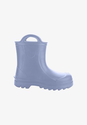Gumowe kalosze w jasnoniebieskim kolorze, z teksturowaną powierzchnią, okrągłym noskiem, solidną podeszwą z bieżnikiem oraz uchwytem na górze ułatwiającym zakładanie.