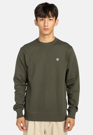 Olijfgroene sweatshirt van zachte stof met een ronde hals, geribde manchetten en onderrand, met een klein logo op de linkerkant van de borst.