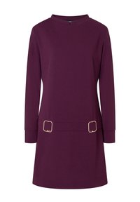 Long-sleeve plum purple dress with a round neckline and two decorative gold square buckles on the waist.