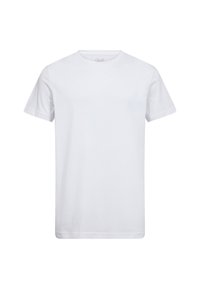 Hvid bomulds T-shirt, korte ærmer, rund halsudskæring, ensfarvet design uden mønstre eller logoer, standard pasform, let tekstur.