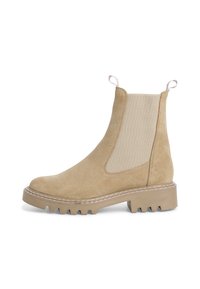 Beige Wildleder-Stiefelette mit elastischen Seitenpartien, einer dicken Gummisohle und Anziehschlaufen für einfaches Tragen. Verfügt über sichtbare Nähte.
