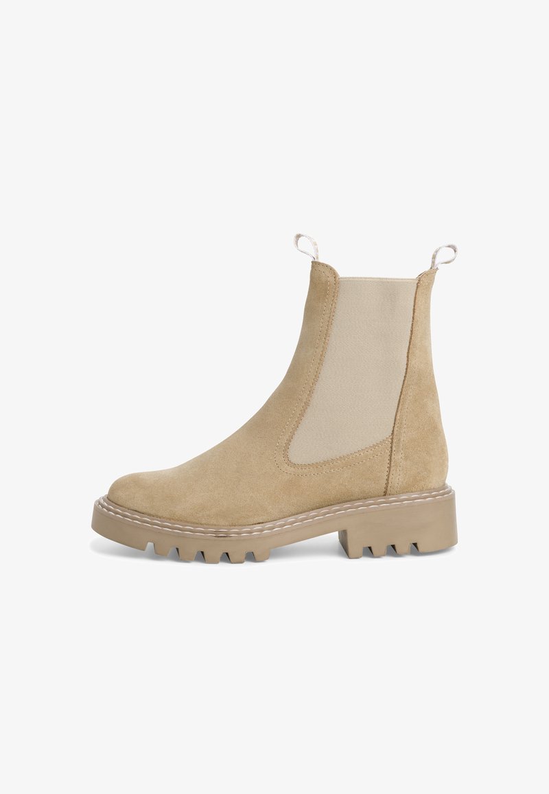 Beige Wildleder-Stiefelette mit elastischen Seitenpartien, einer dicken Gummisohle und Anziehschlaufen für einfaches Tragen. Verfügt über sichtbare Nähte.