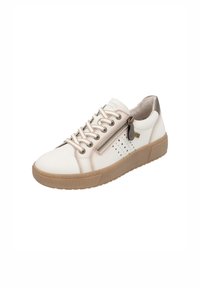 Sneaker bianca con accenti beige, tomaia in pelle liscia, design perforato sul lato, lacci, una cerniera laterale e suola in gomma testurizzata.