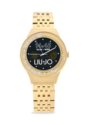 Orologio da polso in tonalità dorata con quadrante nero, design floreale e accenti di cristallo. Presenta un cinturino a maglie e un display digitale. Marca: LIU JO.