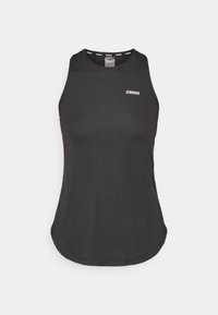 Black athletic tank top made from soft fabric, featuring a round neckline and a low-cut back. "STRONGER" logo in white on the front.