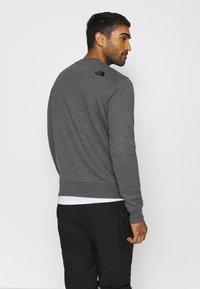 Felpa grigia con maniche lunghe, polsini e orlo a coste, con un piccolo logo nero sulla parte posteriore. Indossata sopra una camicia bianca e pantaloni neri.