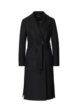 Czarny wełniany płaszcz z paskiem w talii, podwójnym zapięciem z przodu i kołnierzem. Posiada długie rękawy i boczne kieszenie.