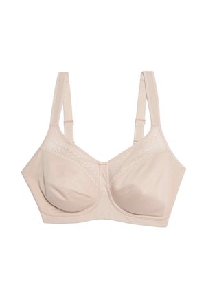 Beige bh med bløde skåle, brede justerbare stropper og blonder langs den øverste kant, designet til komfort og støtte.