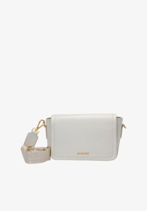 Hvid læder crossbody taske med guldlåse, bred justerbar rem og "BOGNER" logo i guldbogstaver på frontklappen.