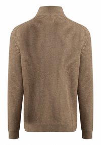 Maglione marrone a maglia con collo alto, trama a coste, maniche lunghe e orlo dritto, caratterizzato da un colore uniforme.