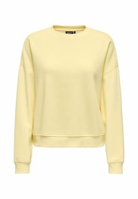 Sweatshirt jaune clair à col rond avec manches longues et poignets et ourlet côtelés, présenté sur un fond blanc.